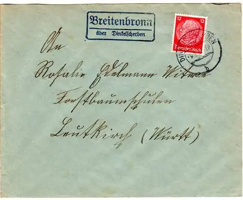 DR 1937, Landpost Stpl. BREITENBRONN über Dinkelscherben auf Brief m. 12 Pf.