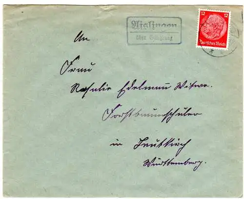 DR 1937, Landpost Stpl. AISLINGEN über Günzburg auf Brief m. 12 Pf.