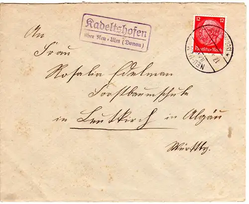 DR 1937, Landpost Stpl. KADELTSHOFEN über Neu-Ulm auf Brief m. 12 Pf.