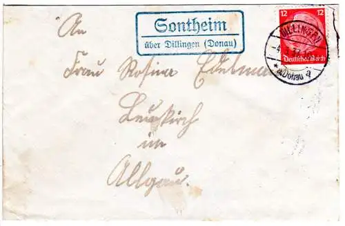 DR 1937, Landpost Stpl. SONTHEIM über Dillingen auf Brief m. 12 Pf.