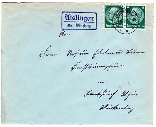 DR 1936, Landpost Stpl. AISLINGEN über Günzburg auf Brief m. 2x6 Pf.