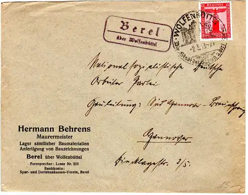 DR 1938, Landpost Stpl. BEREL über Wolfenbüttel auf Brief m. 12 Pf. Dienst