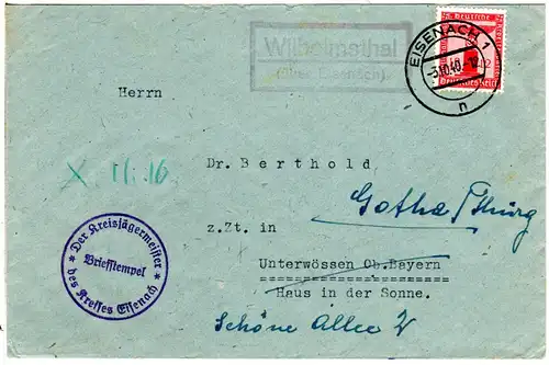 DR 1940, Landpost Stpl. WILHELMSTHAL über Eisenach auf Brief m. 12 Pf. Dienst
