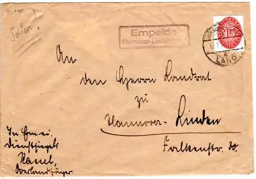 DR 1928, Landpost Stpl. EMPELDE über Hannover-Linden auf Brief m. 15 Pf. Dienst