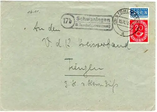 BRD 1951, Landpost Stpl. 17b SCHWANINGEN über Bonndorf auf Brief m. 20 Pf.