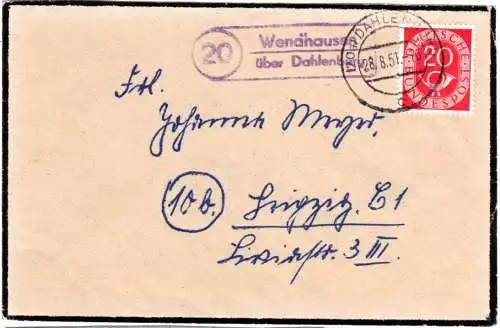 BRD 1951, Landpost Stpl. 20 WENDHAUSEN über Dahlenburg auf Brief m. 20 Pf.