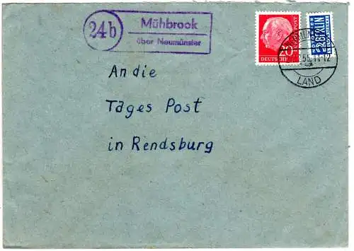 BRD 1955, Landpost Stpl. 24b MÜHBROOK über Neumünster auf Brief m. 20 Pf.