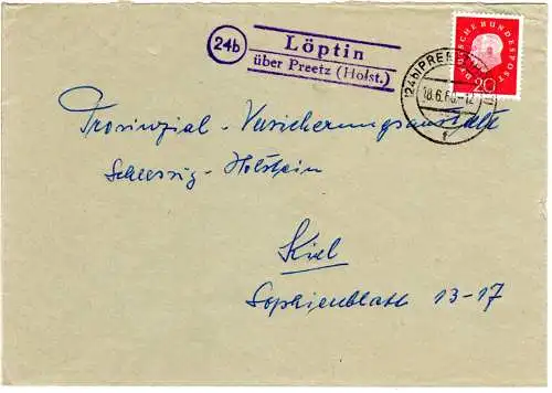 BRD 1960, Landpost Stpl. 24b LÖPTIN über Preetz auf Brief m. 20 Pf.