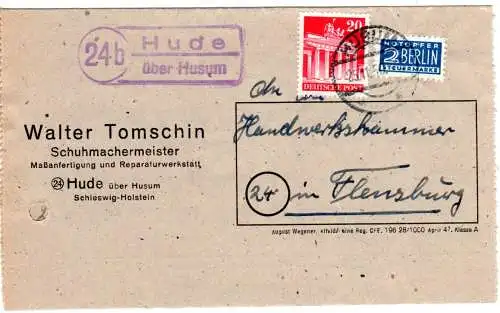 BRD 1950, Landpost Stpl. 24b HUDE über Husum auf Brief m. 20 Pf.