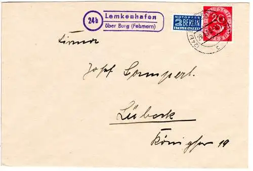 BRD 1953, Landpost Stpl. 24b LEMKENHAFEN über Burg (Fehmarn) auf Brief m. 20 Pf.