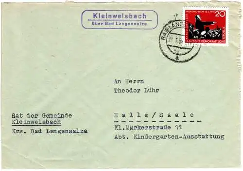 DDR 1959, Landpost Stpl. KLEINWELSBACH über Bad Langensalza auf Brief m. 20 Pf.