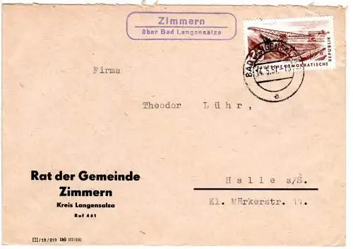 DDR 1957, Landpost Stpl. ZIMMERN über Bad Langensalza auf Brief m. 20 Pf.