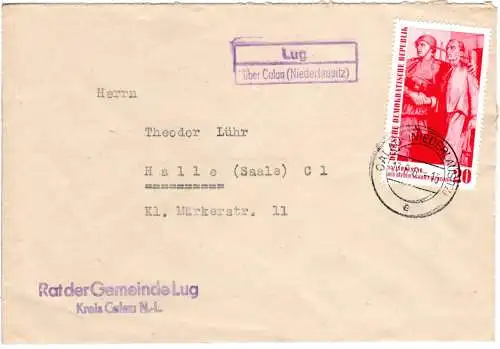 DDR 1960, Landpost Stpl. LUG über Calau (Niederlausitz) auf Brief m. 20 Pf.