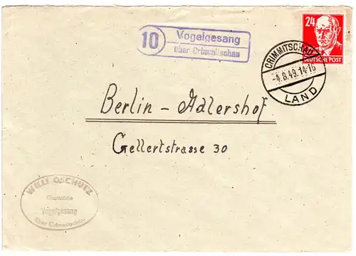 SBZ 1949, Landpost Stpl. 10 VOGELGESANG über Crimmitschau auf Brief m. 24 Pf.