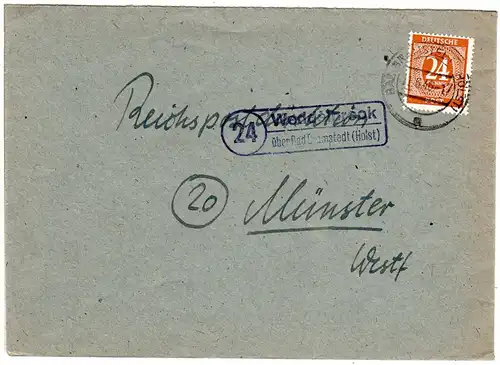 1946, Landpost Stpl. 24 WEDDELBROOK über Bad Bramsted auf Brief m. 24 Pf.