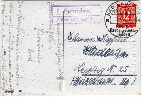 1946, Landpost Stpl. HAINICHEN über Bad Lausick auf Karte m. 12 Pf. 