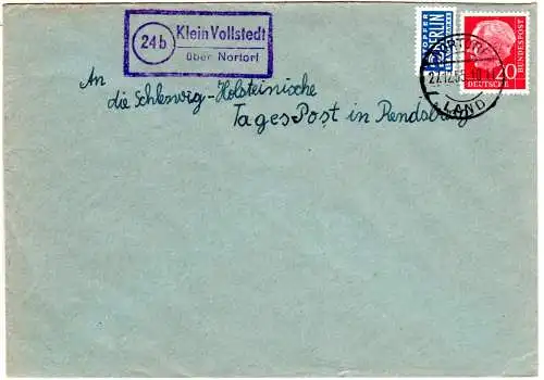 BRD 1955, Landpost Stpl. 24b KLEIN VOLLSTEDT über Nortorf auf Brief m. 20 Pf. 