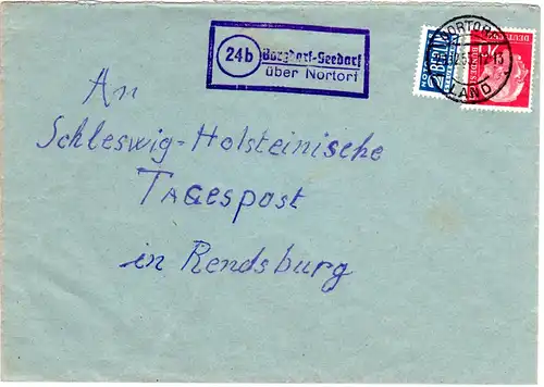 BRD 1955, Landpost Stpl. 24b BURGDORF-SEEDORF über Nortorf auf Brief m. 20 Pf. 