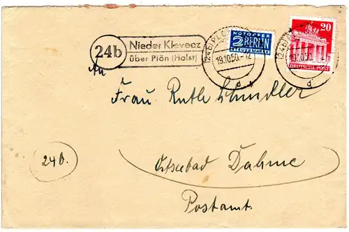 BRD 1950, Landpost Stpl. 24b NIEDER KLEVEEZ über Plön auf Brief m. 20 Pf. 
