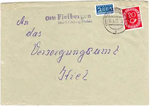 BRD 1953, Landpost Stpl. 24b FIEFBERGEN über Schönberg auf Brief m. 20 Pf. 