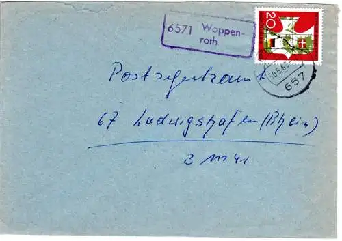 BRD 1963, Landpost Stpl. 6571 WOPPENROTH auf Brief m. 20 Pf. u. Stpl. Kirn.