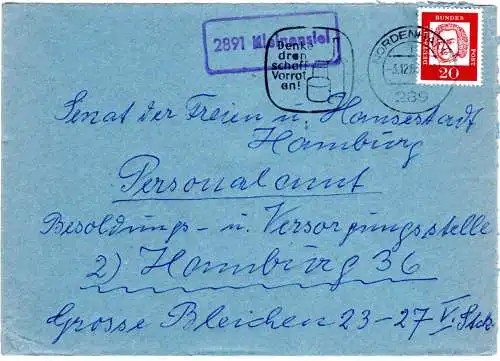 BRD 1963, Landpost Stpl. 2891 Kleinensiel auf Brief m. 20 Pf. u. Stpl. Nordenham