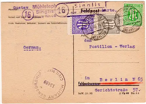 1946, Landpoststempel 16 SINGLIS über Borken auf Zensur Karte n. Berlin