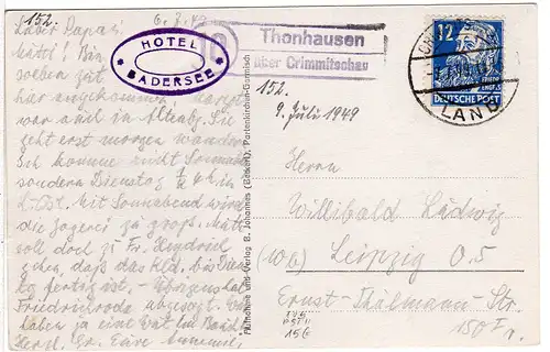 SBZ 1949, Landpoststempel 10 THONHAUSEN über Crimmitschau auf Karte m. 12 Pf.