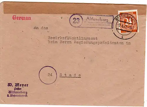 1947, Landpoststempel 23 ALTLUNEBERG über Bremerhaven auf Brief m. 24 Pf.