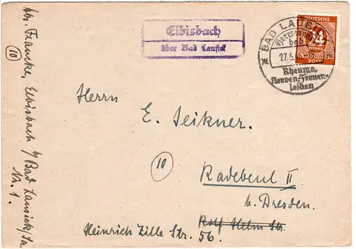 1946, Landpoststempel ELBISBACH über Bad Lausick auf Brief m. 24 Pf.