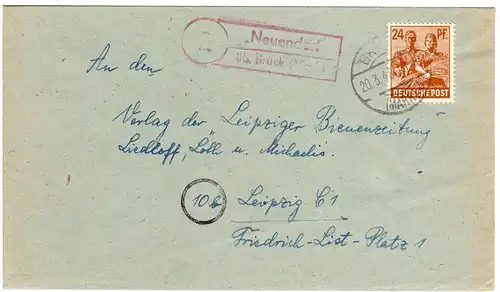 1948, Landpoststempel NEUENDORF über Brück auf Brief m. 24 Pf.