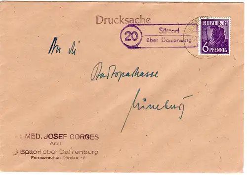 1948, Landpoststempel 20 SÜTTORF über Dahlenburg auf Drucksache Brief m. 6 Pf.