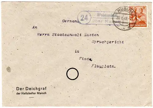 1948, Landpoststempel 24 WOBBENBÜLL über Husum auf Deichgraf Brief m. 24 Pf.