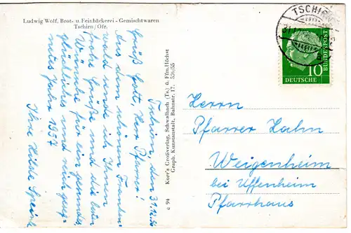 Tschirn m. Bäckeriei L. Wolf, 1956 gebr. sw-AK