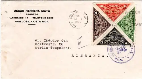 Costa Rica 161/64, 4 Dreiecksmarken zur Briefmarkenausstellung kpl. auf Brief