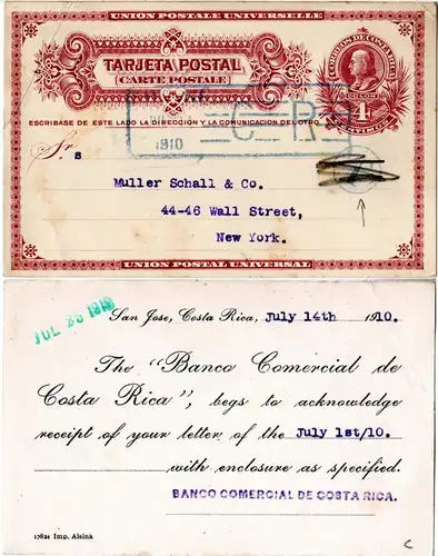 Costa Rica 1910, gebr. 4 C. Ganzsache m. rücks. Bank Zudfruck
