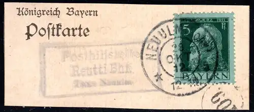 Bayern 1912, Posthilfstelle REUTTI Bhf.Taxe Neu Ulm auf Briefstück m. 5 Pf.