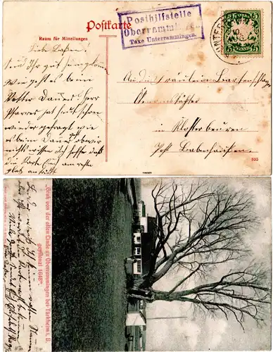 Bayern 1908, Posthilfstelle Oberrammingen Taxe Unterrammingen auf AK m. 5 Pf.