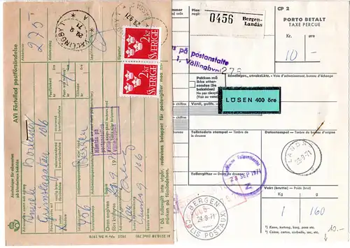 Norwegen 1971, Paketkarte v. Bergen Landas m. Schweden Porto u. Zollgebühr