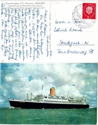 BRD 1962, 20 Pf. Heuss auf Schiffspost AK m. Stpl. T S BREMEN NORDAMERIKA DIENST