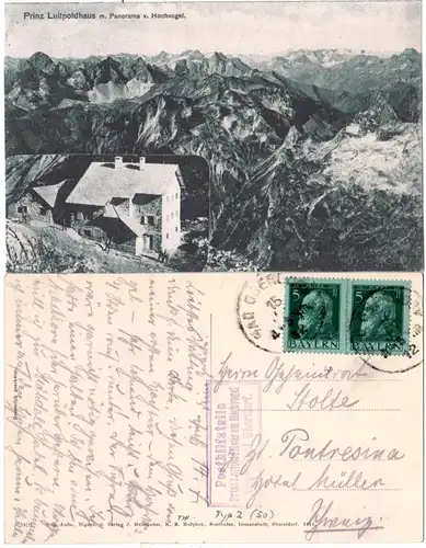 Bayern 1912, Posthilfstelle PRINZ-LUITPOLD-HAUS Taxe Bad Oberdorf auf AK m. 5 Pf