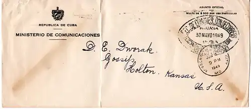 Cuba 1949, portofreier Vordruck Auslands-Dienstbrief v. Havanna i.d. USA. 
