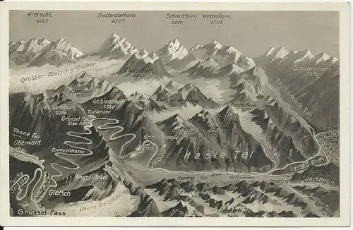 Schweiz, Hasle- u. Rhone Tal, ungebr. Bergpanorama AK m. Gletsch u. Oberwald