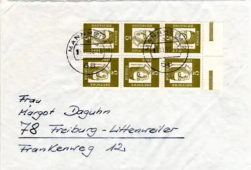 BRD 1966, Kehrdruck 6er-Block 5 Pf. m. Bogenrand auf Brief v. Mannheim