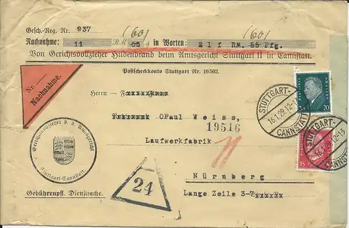 DR 1929, 15+20 Pf. auf Nachnahme Brief v. Stuttgart Cannstadt n. Nürnberg.