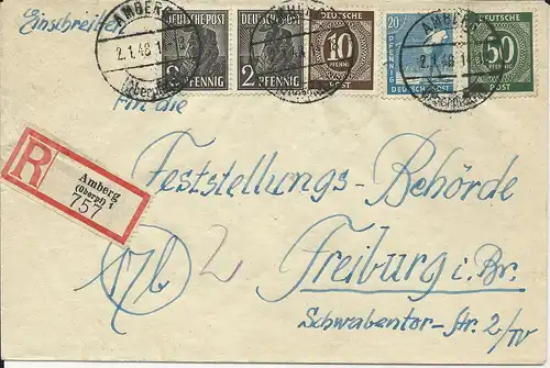 1946, portorichtiger Brief m. 5 Marken v. Amberg n. Freiburg