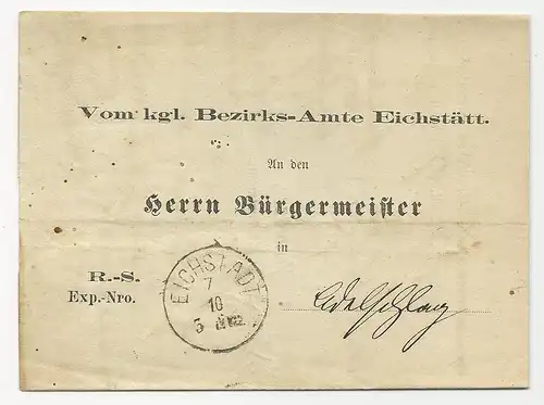 Bayern 1876, K1 Eichstädt auf portofreiem Bürgermeister Brief n. Adelschlag.