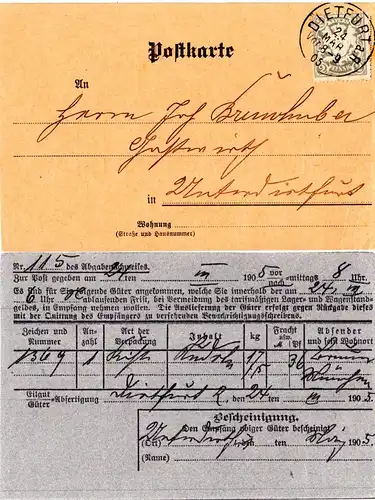 Bayern 1905, EF 2 Pf. auf Orts-Frachtkarte m. K1 DIETFURT a.R. n. Unterdietfurt