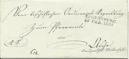 Bayern 1834, L2 Regensburg auf Brief n. Ascha LG Mitterfels