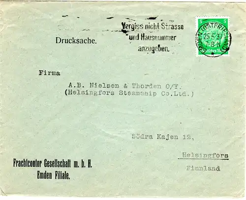 DR 1937, EF 5 Pf. auf Drucksache Brief v. EMDEN n. Finnland